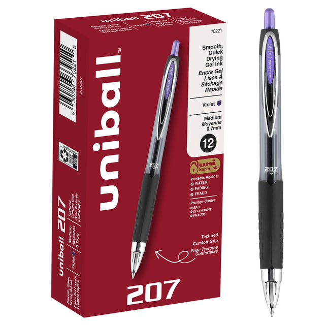 NEWELL BRANDS INC. 70221 uni-ball 207 Retractable Fraud Prevention Gel Pens, Medium Point, 0.7 mm, Black Barrels, Purple Ink, Pack Of 12 NEWELL BRANDS INC. 70221 uni-ball 207 Retractable Fraud Prevention Gel Pens, Medium Point, 0.7 mm, Black Barrels, Purple Ink, Pack Of 12
