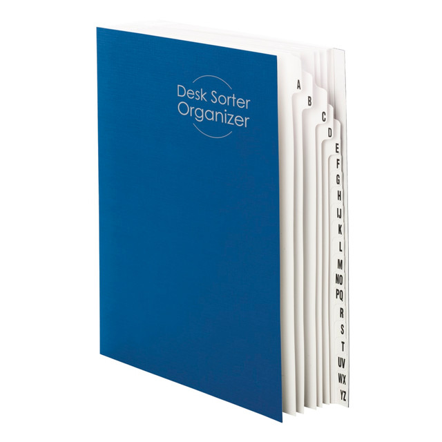 Keep loose paperwork neatly categorized in this Smead desk file/sorter, featuring plenty of tabs for easy organization.  Heavyweight dividers are bound book-style so its easy to open to the desired section.  Use alphabetic, numerical, daily or daily plus monthly indexed files to organize papers.  Each section of this desk file sorter expands to 1-3/8in.  Document sorter cover features a non-soiling extra tough finish.  SFI Fiber-Sourcing Certified.  Letter-size, 8 1/2in x 11in, A to Z desk file/sorter makes it easy to organize files.  Blue desk file/sorter looks good and is durable.  Contains Recycled Content - See Specs for Details.