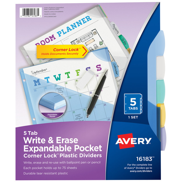 AVERY PRODUCTS CORPORATION 16183 Avery Corner Lock Write & Erase Plastic Dividers With Expandable Pockets, 9-1/4in x 11-1/4in, Multicolor, Set Of 5 Tabs AVERY PRODUCTS CORPORATION 16183 Avery Corner Lock Write & Erase Plastic Dividers With Expandable Pockets, 9-1/4in x 11-1/4in, Multicolor, Set Of 5 Tabs