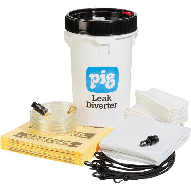 New Pig TLS668-TR Leak Diverters; Diverter Type: Roof Leak Diverter; Shape: Square; Length (Feet): 7.00; Width (Feet): 7; Material: Polyester; PVC; Includes: 1 - 30 Pack "CAUTION" PIG. Mat Pads; 1 - 7' W x 7' L Leak Diverter Tarp; 1 - 6.5 gal. Bucket; 1 - Quick Connect Set