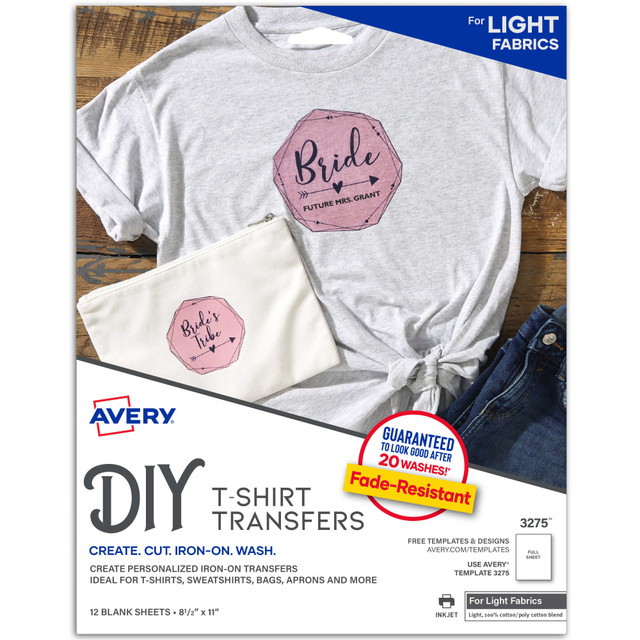 AVERY PRODUCTS CORPORATION 3275 Avery Inkjet Printer T-Shirt Transfer Paper, 3275, Letter Size (8 1/2in x 11in), Pack Of 12