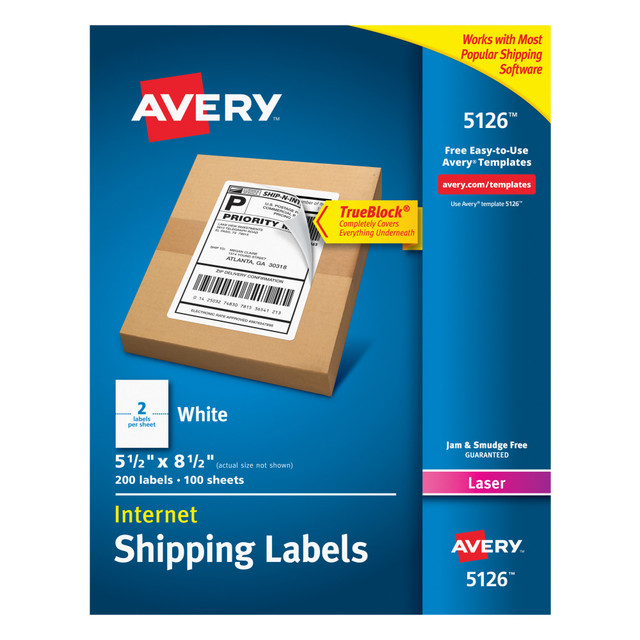 AVERY PRODUCTS CORPORATION 5126 Avery TrueBlock White Laser Shipping Labels, Internet, 5126, 5 1/2in x 8 1/2in, Pack Of 200 AVERY PRODUCTS CORPORATION 5126 Avery TrueBlock White Laser Shipping Labels, Internet, 5126, 5 1/2in x 8 1/2in, Pack Of 200