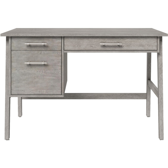 Manage your workflow or work on creative projects at this Whalen desk. The wooden desk is built for strength and offers high end soft-close drawer and enclosed cabinet.  The pedestal desk features a rich driftwood gray stained finish accented by beautiful brushed nickel hardware for subtle contemporary style.  Solid poplar wood frame.  Real birch wood surfaces.  Rich driftwood gray stain finish.  Soft-close accessory drawer with full-extension ball-bearing slides.  Enclosed storage cabinet featuring soft-close hinges.  4-slot wire management strip on the back.  Floor levelers.  Brushed nickel hardware.  Assembly required.  Backed by the manufacturers 5-year limited warranty.  This product is heavy and/or oversized and may need more than one person to handle.  Driftwood gray finish.