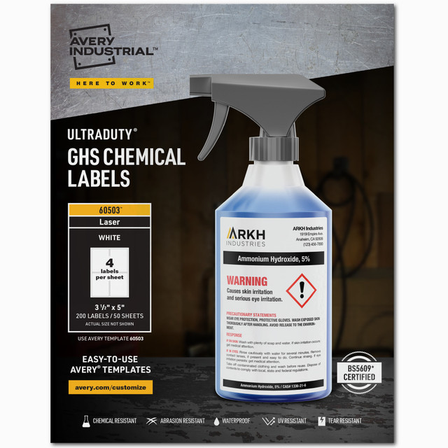 AVERY PRODUCTS CORPORATION 60503 Avery UltraDuty GHS Chemical Labels For Laser Printers, Waterproof, UV Resistant, 60503, Rectangle, 3-1/2in x 5in, White, Pack Of 200 AVERY PRODUCTS CORPORATION 60503 Avery UltraDuty GHS Chemical Labels For Laser Printers, Waterproof, UV Resistant, 60503, Rectangle, 3-1/2in x 5in, White, Pack Of 200