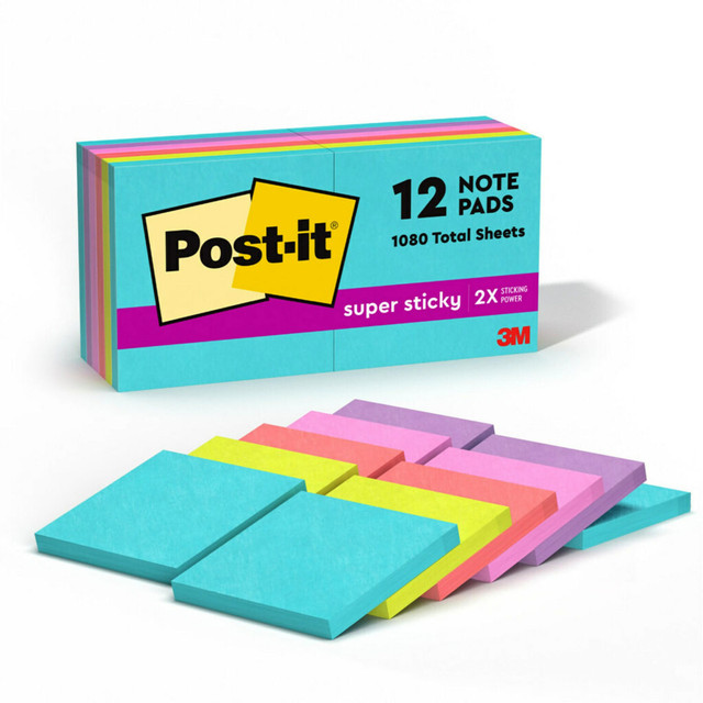 3M CO Post-it 654-12SSMIA  Super Sticky Notes, 3 in x 3 in, 12 Pads, 90 Sheets/Pad, 2x the Sticking Power, Supernova Neons Collection