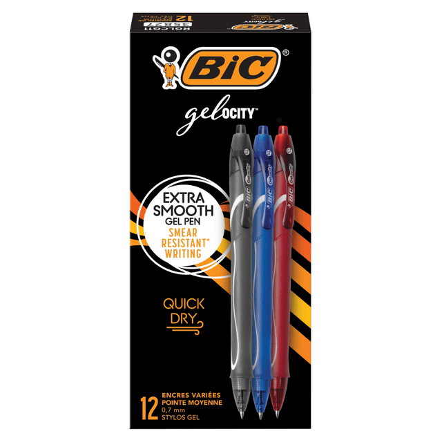 BIC CORP BIC RGLCG11-AST  Gel-ocity Quick Dry Retractable Gel Pens, Medium Point, 0.7 mm, Black/Blue/Red Barrels, Black/Blue/Red Inks, Pack Of 12