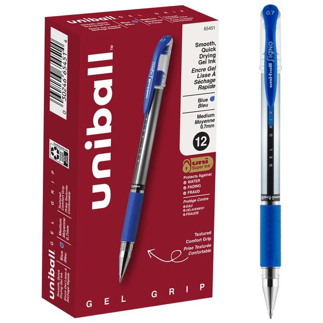 Smooth writing stick gel pens feature a 0.7mm medium tip for an exceptionally smooth, even flowing writing experience  Pigmented-based gel ink lays down medium-thick, vibrant color  uni Super Ink technology forms a strong bond with the paper, protecting against water, fading and fraud  A dimpled rubber grip allows comfortable writing while ensuring greater control and precision throughout your tasks and projects  This everyday gel pen combines smooth writing, bold lines and a stylish design  0.7 mm blue ink pen set features 12 pens with clear barrels.