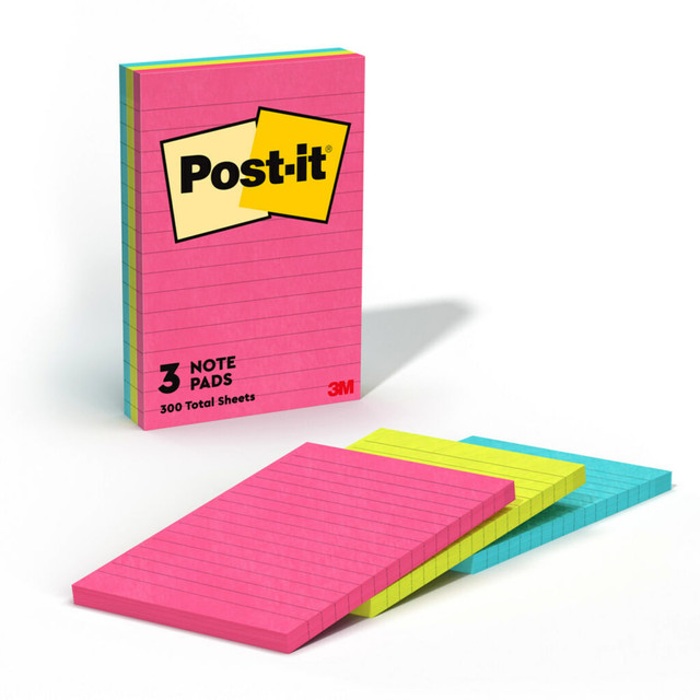 3M CO 660-3AN Post-it Notes, 3 Pads, 4 in x 6 in, Clean Removal, School Supplies and Office Products, Sticky Notes for Vertical Surfaces, Monitors, Walls and Windows, Poptimistic Collection, Lined