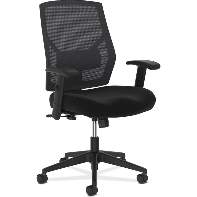 Simple, clean design gives any space a professional look.  This HON Crio high-back task chair gives you advanced features at a compelling price.  The breathable mesh back delivers cool comfort while giving the chair a cool look, and the adjustable lumbar support enhances lower back comfort.  Height- and width-adjustable arms put the support right where you need it, while the center-tilt recline control allows you to find the most comfortable posture.  Simple, clean design combined with customizable comfort make this a great value.  Mesh and seat fabric colors are Black.  Assembly required.  Overall Dimensions: 43inH x 25inW x 24inD.  Weight capacity tested to support 250 lb.  ANSI/BIFMA Compliant - This product has been tested and verified for compliance with rigorous performance requirements and safety standards related to specific furniture products.