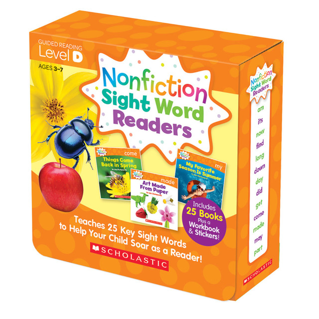 Continue learning fun at home with these guided reading books. Each full-color, 8-page book is filled with key sight words from the Fry list, which help build fundamental reading skills in young children.  Parents can work with children to help them learn key sight words from the Fry list.  25 full-color, 8-page books build fundamental reading skills for young students.  32-page activity book adds to the educational fun.  For students in kindergarten through first grade.  Comes with stickers and a sturdy storage box.