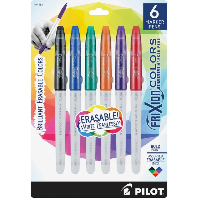 PILOT CORPORATION OF AMERICA Pilot 44153  FriXion Colors Erasable Marker Pens - Bold Pen Point - 2.5 mm Pen Point Size - Black, Blue, Red, Green, Orange, Purple - White Barrel - 6 / Pack
