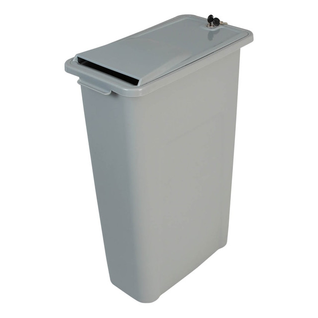 Made of strong and sturdy plastic.  Made of strong and sturdy plastic.  Lid prevents air gushes from disrupting shredded pieces.  Lockable design offers additional security.