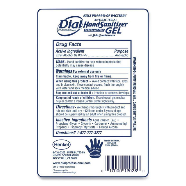 DIAL PROFESSIONAL 19029 Antibacterial Gel Hand Sanitizer Refill for FIT Touch Free Dispenser, 1.2 L Bottle, Fragrance-Free, 3/Carton