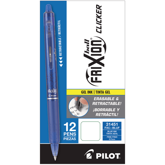 PILOT CORPORATION OF AMERICA 31451 Pilot FriXion Clicker Erasable Gel Pens, Fine Point, 0.7 mm, Blue Barrel, Blue Ink, Pack Of 12 Pens