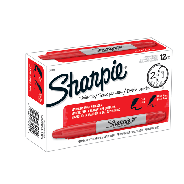 SANFORD LP 32002 Sharpie Twin-Tip Permanent Markers, Fine/Ultra Fine Points, Red, Pack Of 12 SANFORD LP 32002 Sharpie Twin-Tip Permanent Markers, Fine/Ultra Fine Points, Red, Pack Of 12