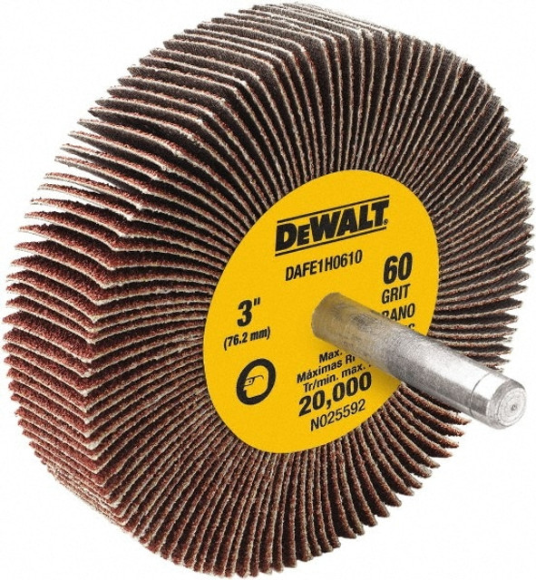 DeWALT DAFE1H0610 Mounted Flap Wheel: 3" Dia, 1" Face Width, 60 Grit, Aluminum Oxide