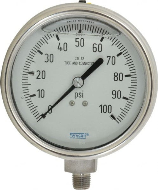 Wika 9832373 Pressure Gauge: 4" Dial, 0 to 100 psi, 1/4" Thread, NPT, Lower Mount