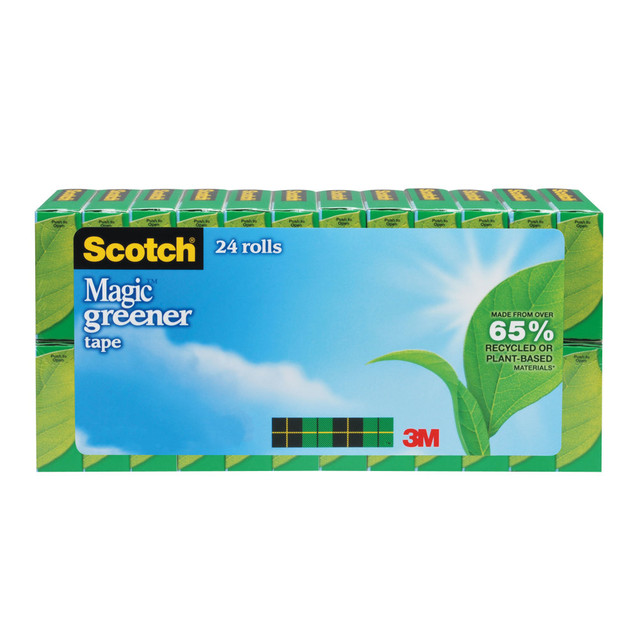 When important documents and school projects need mending and you also want to help the environment its Scotch Magic Greener Tape for the many rips and tears you have around the house. Scotch Magic Greener Tape has all the strength of our Magic Tape. All the holding power of Magic Tape. Disappears just like our tried and true Magic Tape. But because Magic Greener Tape is made from over 65% recycled or plant-based material, its the more eco conscious choice. It comes with the easy to use Scotch Tape Dispenser, so the tape glides off smoothly, cuts evenly, with no waste. Works like magic because its just like Magic Tape. Only Greener.  ENVIRONMENT FRIENDLY: A more environmentally-friendly choice from the original invisible Scotch Magic Tape  PLANT-BASED MATERIAL: Tape made from over 53% plant-based material  QUALTIY: Same great performance as the original Scotch Magic Tape  WRITE ON: With a matte-finish, its simple to use a pen, pencil or marker to create labels  GREAT FOR REPAIRS: This tape dispenser is ideal for repairs or quick fixes in your home, office or school  PHOTO-SAFE: create and preserve memories  Write on it with pen, pencil or marker  Made in the USA with Globally Sourced Materials  Tape contains 53% plant-based content (derived from cellulose and castor oil) by weight  Plant-based content - made using tree-free agricultural products or by-products, helping you support innovative use of plants while reducing use of forests or other resources.  Contains Recycled Content - See Specs for Details.