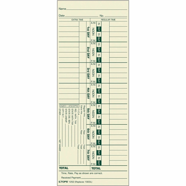 TOPS BUSINESS FORMS 1252 TOPS Time Cards (Replaces Original Card 1900L), Numbered Days, 1-Sided, 9in x 3 1/2in, Box Of 500 TOPS BUSINESS FORMS 1252 TOPS Time Cards (Replaces Original Card 1900L), Numbered Days, 1-Sided, 9in x 3 1/2in, Box Of 500