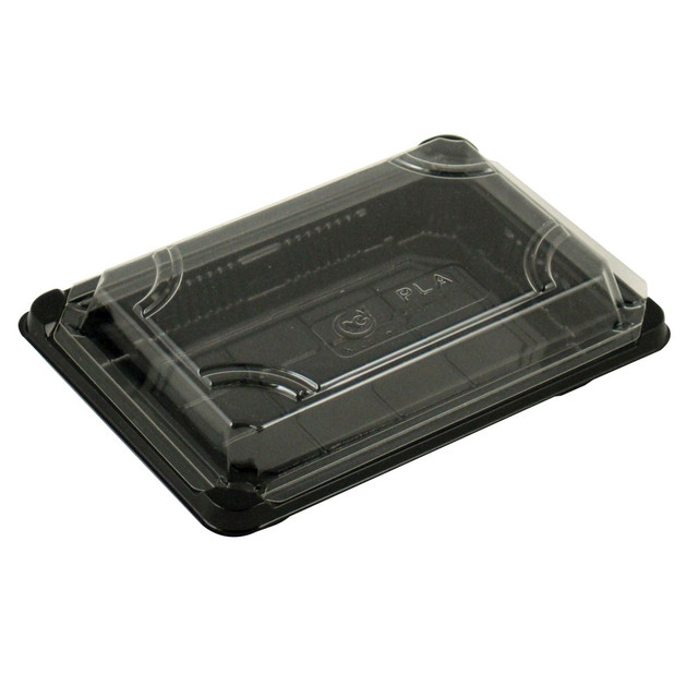 ASEAN CORPORATION PLA-ST02 Stalk Market Compostable Food Trays, With Lids, 7in x 4 7/8in x 1 3/4in, Clear Lids/Black Trays, Pack of 300