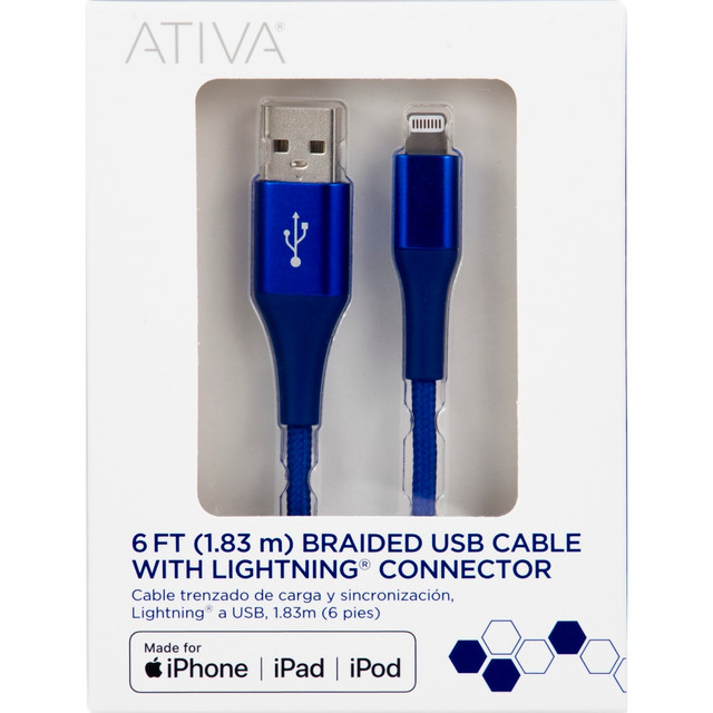 OFFICE DEPOT Ativa 45403  Lightning To USB Type-A Cable, 6ft, Navy, 45403