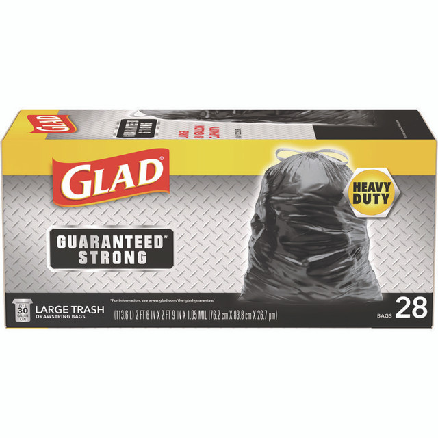 CLOROX SALES CO. Glad® 78966 Guaranteed Strong Large Drawstring Trash Bags, Three-Ply, 30 gal, 1.05 mil, 30 x 33, Black, 28 Bags/Box, 6 Boxes/Carton