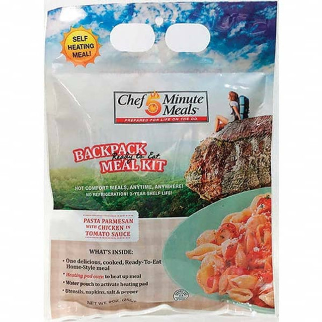 Chef Minute Meals FMB1001-12 Ready-to-Eat Meals; Contents/Features: 9-oz Entrie; Cutlery Kit w/Utensils, Salt & Pepper Packets; Self-Heating Bag Oven & Activator Solution