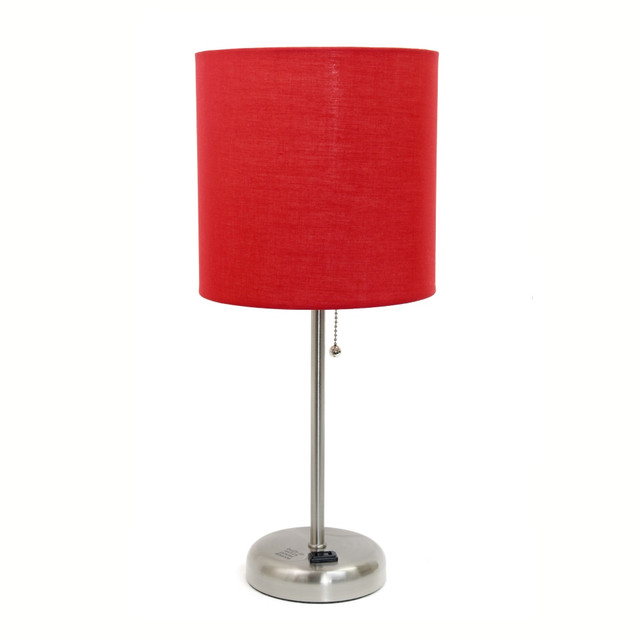 ALL THE RAGES INC CWT-2009-RE Creekwood Home Oslo Power Outlet Metal Table Lamp, 19-1/2inH, Red Shade/Brushed Steel Base