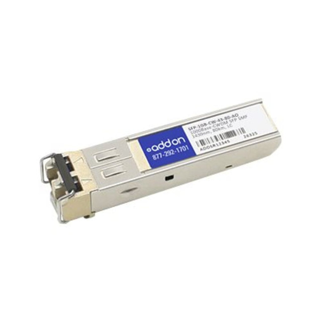 ADD-ON COMPUTER PERIPHERALS, INC. SFP-1GB-CW-43-80-AO AddOn - SFP (mini-GBIC) transceiver module - GigE - 1000Base-CWDM - LC single-mode - up to 49.7 miles - 1430 nm - TAA Compliant ADD-ON COMPUTER PERIPHERALS, INC. SFP-1GB-CW-43-80-AO AddOn - SFP (mini-GBIC) transceiver module - GigE - 1000Base-CWDM - LC single-mode - up to 49.7 miles - 1430 nm - TAA Compliant