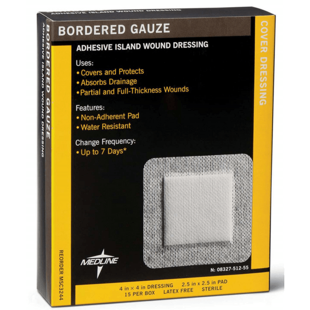 MEDLINE INDUSTRIES, INC. MSC3244 Medline Sterile Border Gauze Pads, 4in x 4in, White, 15 Pads Per Box, Case Of 10 Boxes