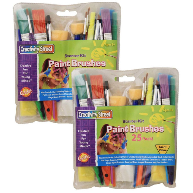 EDUCATORS RESOURCE Creativity Street CK-5180-2  Starter Brush Assortment, Assorted Colors, 25 Brushes Per Pack, Set Of 2 Packs