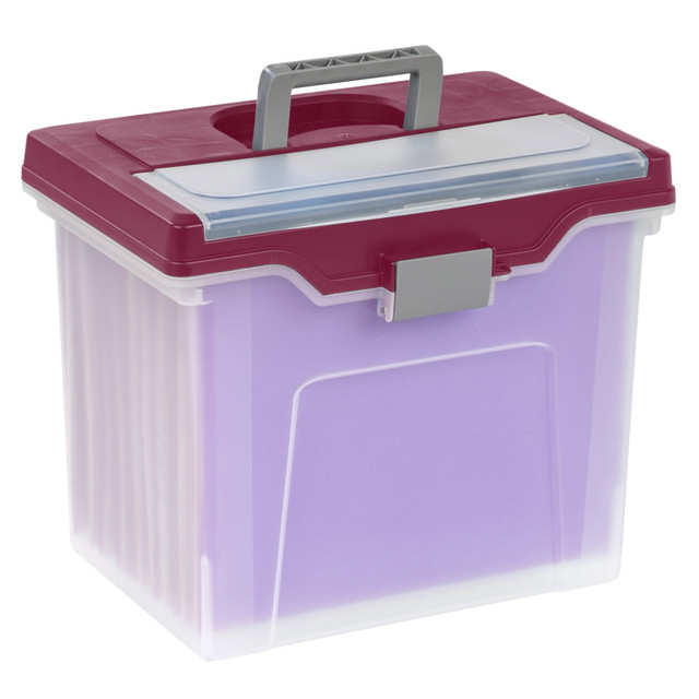 Holds letter-size hanging files  Convenient carrying handle for easy transport.  Snap-tight buckle keeps contents secure.  Lockable for added protection.  Built-in organizer lid for supply storage.  Made of high-quality polypropylene material.  Organizer lid included.  Contents not included.