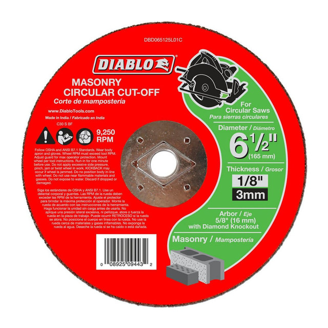 DIABLO DBD065125L01C Cutoff Wheels; Wheel Diameter (Inch): 6-1/2 ; Wheel Thickness (Inch): 1/8 ; Hole Size (Inch): 5/8 DKO ; Abrasive Material: Silicon Carbide ; Reinforced: Reinforced ; Grit: 30