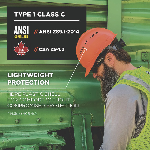 TENACIOUS HOLDINGS, INC. ergodyne® 60270 Skullerz 8966 Class C Lightweight CapStyle Hard Hat, Adjustable Venting, 6-Point Rachet Suspension, Orange