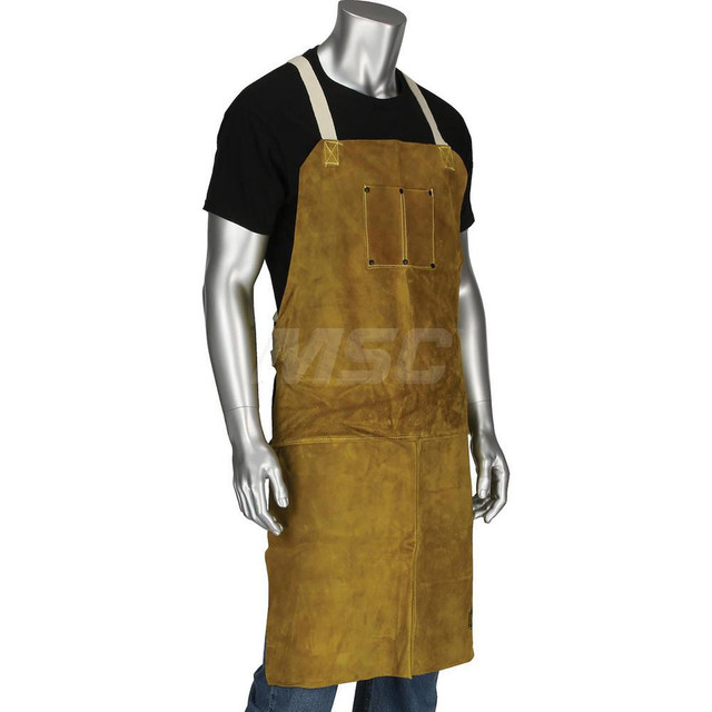 PIP 7010/36 Bib Apron: Welding, Cowhide Leather, 36" OAL, Straps with Side Release Buckles Closure