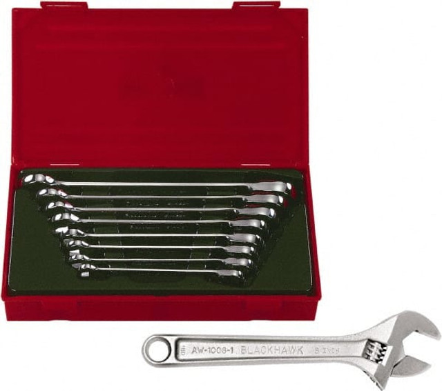 Blackhawk by Proto. 0561454/3380404 Adjustable Wrench & Combination Wrench Set: 9 Pc, 1/2" 11/16" 3/4" 3/8" 5/16" 5/8" 7/16" & 9/16" Wrench, Inch