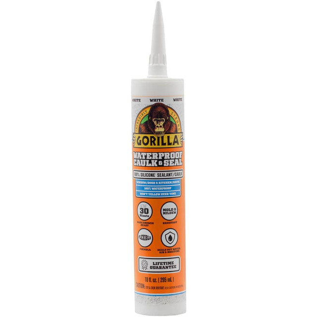 Gorilla Glue 108318 Caulk & Sealants; Chemical Type: Silicone ; Container Size: 10 fl oz ; Container Type: Cartridge ; Color: White ; Application: Kitchen, Bath, Window, Door, Plumbing, Gutters, Auto, Marine & More ; Full Cure Time: 24 hr