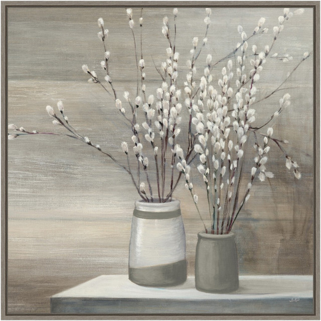 UNIEK INC. A42704079001 Amanti Art Pussy Willow Still Life Gray Pots Crop by Julia Purinton Framed Canvas Wall Art Print, 22in x 22in, Graywash