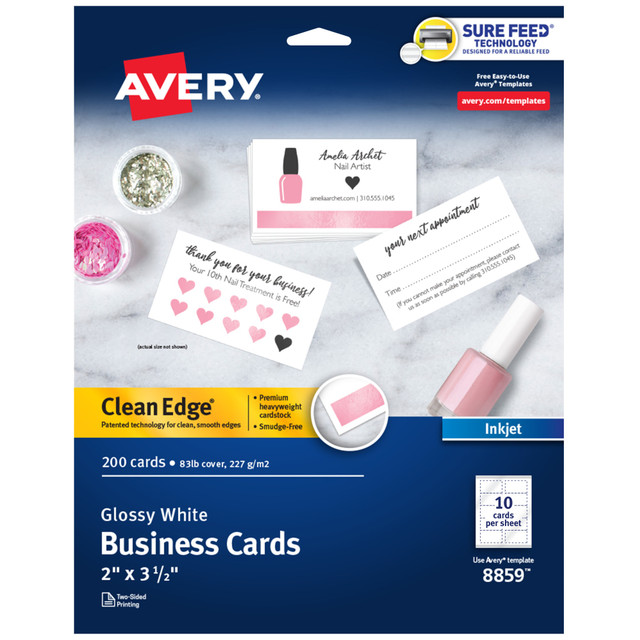 Get professional quality business cards without having to pay the professionally printed price. Avery Clean Edge Business Cards includes customizable business cards made from premium glossy cardstock (matte on back) with weight of 83lbs / 227gsm, and offers a high-quality blank canvas optimized for printing vibrant colors and sharp, clear text. If you need customizable business cards, customer loyalty cards, appointment reminder cards or more, these cards are an exceptional way to stand out from the crowd. These white business cards have innovative Clean Edge technology for quick and easy separation, giving you the cleanest, smoothest edges of any business card on the market. Also, proprietary Avery Sure Feed technology helps reduce misalignments, minimize paper jams, and avoid wasted projects when printing on your inkjet printer. Whether you have your own design or you are creating one from scratch, take your brand or business to the next level with Avery Design & Print Online, which makes it easy to create and print double-sided customizable cards from your own home or business. The free browser-based software has everything you need to design business thank you cards, appointment cards, rsvp cards for weddings, reward cards and more. Try it out today on the Avery website and print at home or in the office on your inkjet printer.  Easily customize your own business cards, loyalty cards for business, RSVP cards and more using Avery Design & Print Online and the hundreds of available templates and designs.  Enjoy premium quality custom business cards featuring Clean Edge technology that allows cards to be snapped apart easily, leaving behind clean, smooth edges.  Each sheet of business cards features proprietary Avery Sure Feed technology designed to help with alignment and reduce printer jams.  Print beautiful, double-sided designs on glossy white sheets (matte on back) optimized for inkjet printers.  Create high-quality business cards from glossy white printable cardstock paper with a weight of 83 lbs / 227 gsm.  Perfect for DIY business cards, rewards cards, appointment cards and more.  Item includes 20 printable sheets with a total of 200 blank 2in x 3.5in cards.