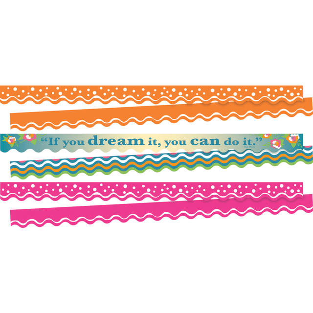 Add a themed look to your classroom using these Barker Creek Double-Sided Scalloped Borders. The vibrant design makes most any display stand out at a glance.  Used to decorate your space and accent displays.  Thick cardstock lends a sturdy feel.  Double-sided design makes it easy to refresh your look.  Wavy edge adds an eye-catching touch.  Each pack includes 13 strips (2-1/4in x 36in) for a total of 39ft of borders.  3-pack set includes 39 strips (117ft of trim).