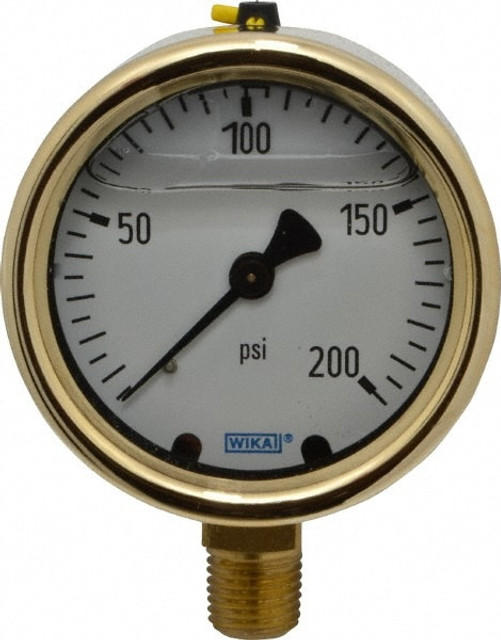 Wika 9310720 Pressure Gauge: 2-1/2" Dial, 0 to 200 psi, 1/4" Thread, NPT, Lower Mount