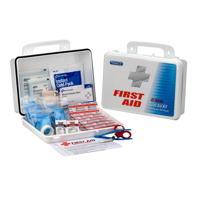 Perfect for medium office settings or schools  Kit contains 131 pieces to treat 25 people.  Includes alcohol pads and antiseptic wipes, antibiotic and burn ointment, latex-free bandages and gauze, and a first aid guide.  Weatherproof plastic case ideal for all indoor and outdoor use.  Case has an easy-to-carry handle and is wall mountable for quick access in an emergency.