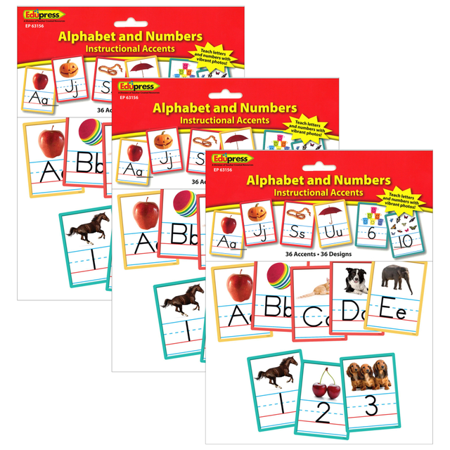 Teach numbers and letters with the Edupress Alphabet And Numbers Accents. These accents feature a photographic design to grab attention.  Photographic accents add a decorative touch.  Each pack features 36 accents with fun designs.