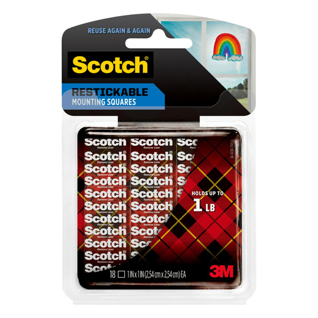 Reinvent your decor again and again with Scotch Restickable Mounting Squares. These innovative double-sided squares allow you to mount - and relocate  -your latest photos and artwork with a convenient, reusable design. With repetitive use, these clear adhesive squares can be reactivated simply by washing and air drying. So, whether you are showcasing your kids latest creation, or storyboarding the next big thing, celebrate the joy of changing your mind with Scotch Restickable Mounting Squares.  Reuse again & again. Use instead of push pins to keep your surfaces looking great  Removes easily without leaving any residue on ideal surfaces  Holds up to 0.5 lb 4 Squares Hold up to 0.25 lb  Designed for hanging and securing lightweight items including artwork, photos and cards  Ideal for use on most flat surfaces including stainless steel, acrylic, glass and finished wood  Photo-safe (determined in accordance with ISO Standard 18916)  Pre-cut squares for easy, mess-free application  Gently wash with soap and water and air dry to regain stickiness  Not recommended for use on wallpaper, delicate surfaces or walls painted with flat paint. May damage some substrates upon removal  Size: 1 in. x 1 in  Color: Clear  Made in the USA with Globally Sourced Materials