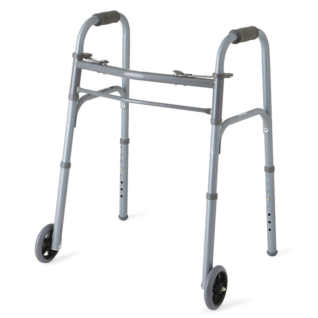 MEDLINE INDUSTRIES, INC. MDS86410JW54B Medline Adjustable Folding 2-Button Walkers, Junior, Gray, Case Of 4 MEDLINE INDUSTRIES, INC. MDS86410JW54B Medline Adjustable Folding 2-Button Walkers, Junior, Gray, Case Of 4
