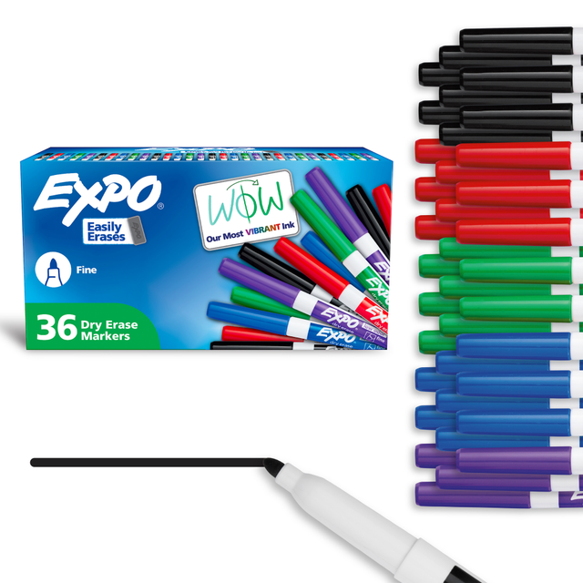 Create crisp, legible notes on your whiteboard without unpleasant odors in your classroom or conference room. EXPO dry-erase markers help make your presentation a pleasant experience for all.  Dry erase markers with the most vibrant ink yet from EXPO  Vibrant ink makes it easier to read information from a distance  Made for the whiteboard and beyond, writing pops on most non-porous surfaces like glass, acrylic, and more!  Easily and cleanly erases with an EXPO eraser or dry cloth  Fine tip markers perfect for accurate, detailed lines  Fine tip provides clean, precise lines.