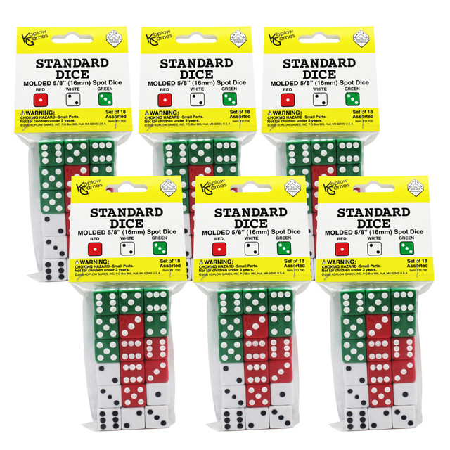 This Dot Dice Set is the everyday classroom dice set that's great for counting, sorting and math applications. Dice of difference colors allow a variety of exciting games.  Each set contains 6 each of red, white and green.  Molded dot dice measure 5/8in.  Each of the 6 sets includes 18 dice to let children and adults join in on the fun.