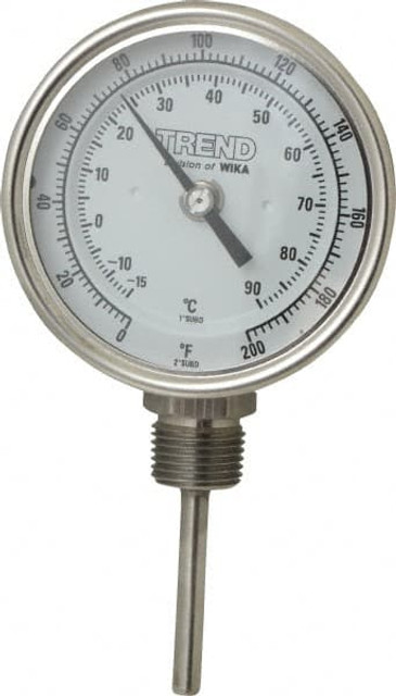 Wika 31025A005G4 Bimetal Dial Thermometer: 0 to 200 ° F, 2-1/2" Stem Length