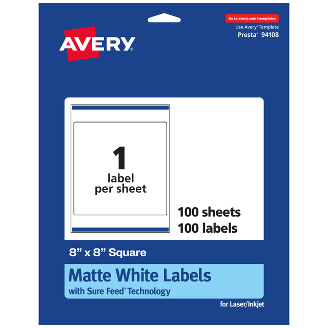 AVERY PRODUCTS CORPORATION 94108-WMP100 Avery Permanent Labels With Sure Feed, 94108-WMP100, Square, 8in x 8in, White, Pack Of 100 AVERY PRODUCTS CORPORATION 94108-WMP100 Avery Permanent Labels With Sure Feed, 94108-WMP100, Square, 8in x 8in, White, Pack Of 100
