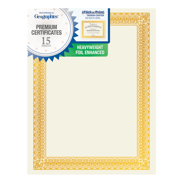 ROYAL CONSUMER PRODUCTS, LLC 47829 Geographics Foil Certificates, 8-1/2in x 11in, Rome Gold, Pack Of 15